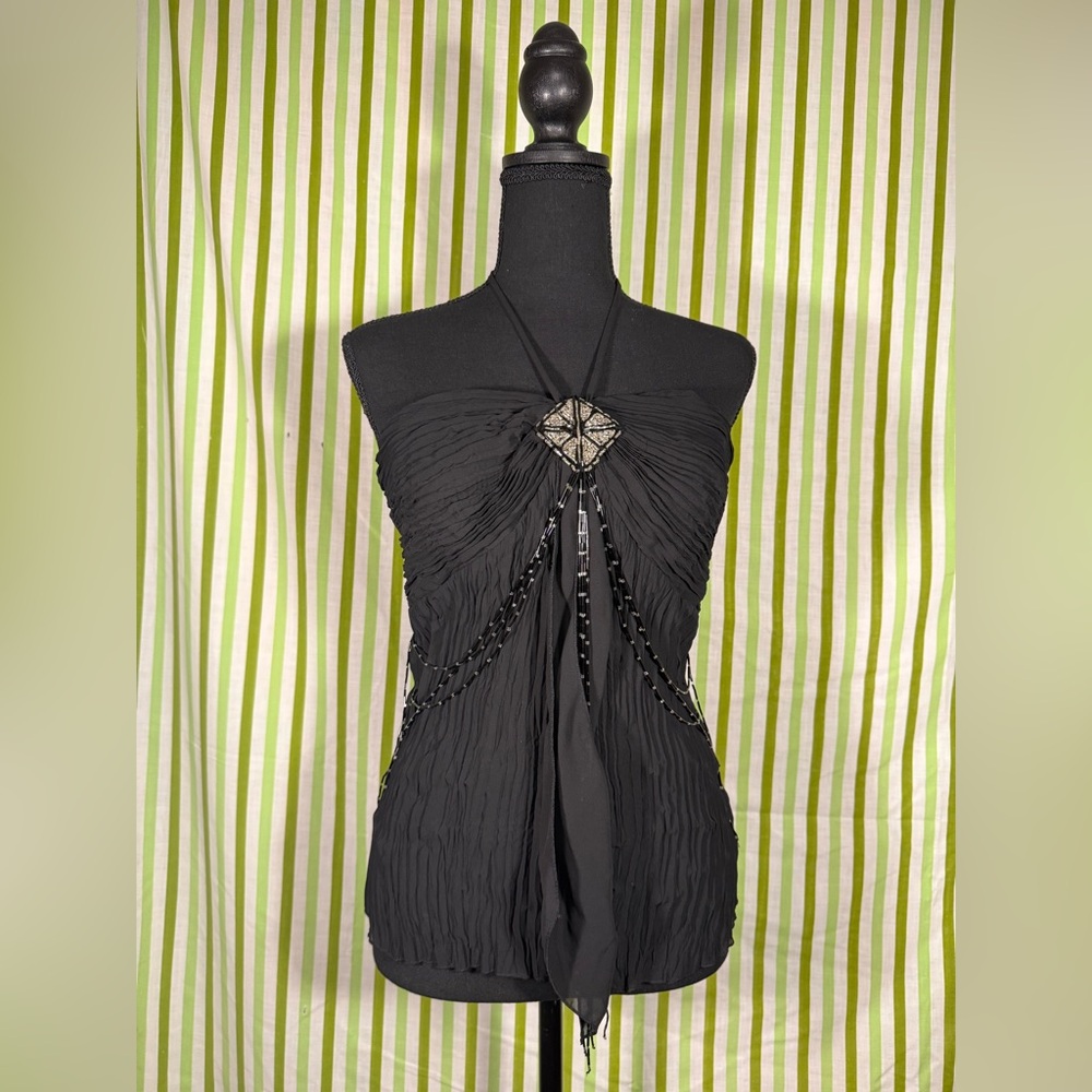 Kaelyn-Max Black Beaded Halter Top, Chiffon Layered Top, Size Medium - Picture 16 of 16